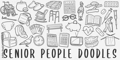 Senior People Doodle Icons Black and White Line Art. Elder Clipart Hand Drawn Symbol Design.