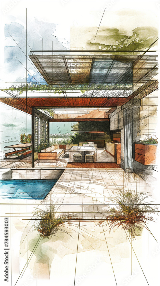 Artistic Architectural Sketch of a Modern Luxury House