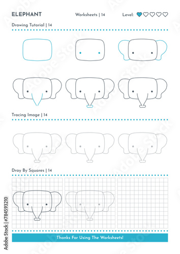 How to Draw Doodle Animal Elephant, Cartoon Character Step by Step Drawing Tutorial. Activity Worksheets For Kids