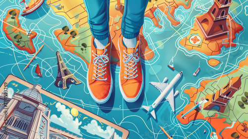 Explorer's shoes on world map, global travel, adventure