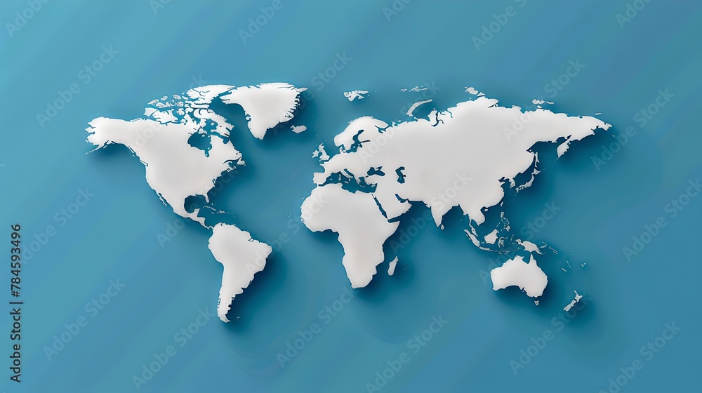 Stylized Paper Cut-Out Map of the World on a Blue Background Representing Global Connections and Travel. Creative Cartography Concept. Ideal for Educational and Marketing Materials. AI