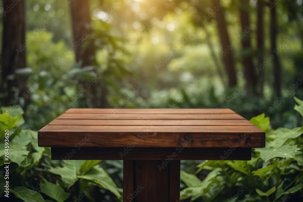 Wooden podium table with blurred nature background