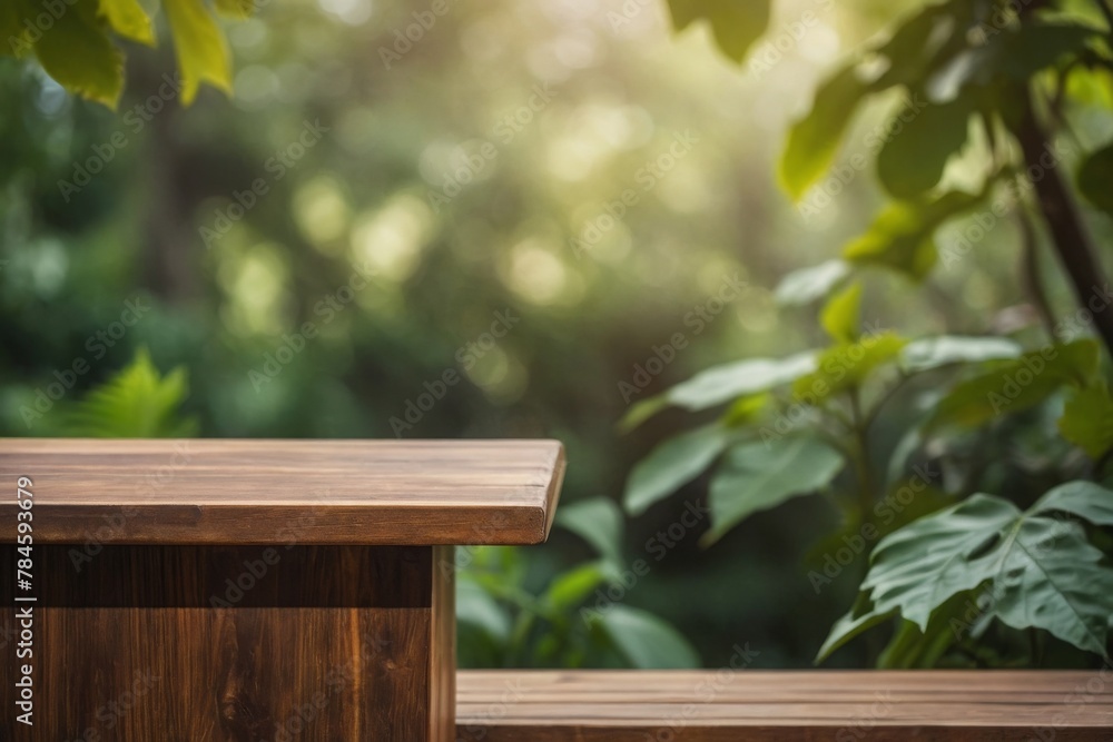 Wooden podium table with blurred nature background