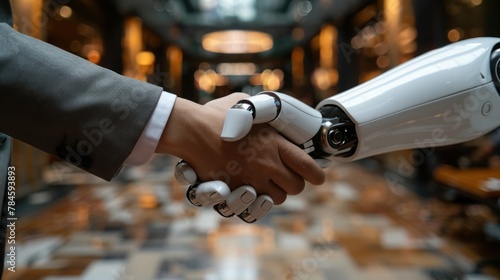 robot shaking hands with a businessman in suit. Technology meets Business. Businessperson shaking hand with digital partner over corporate background.
