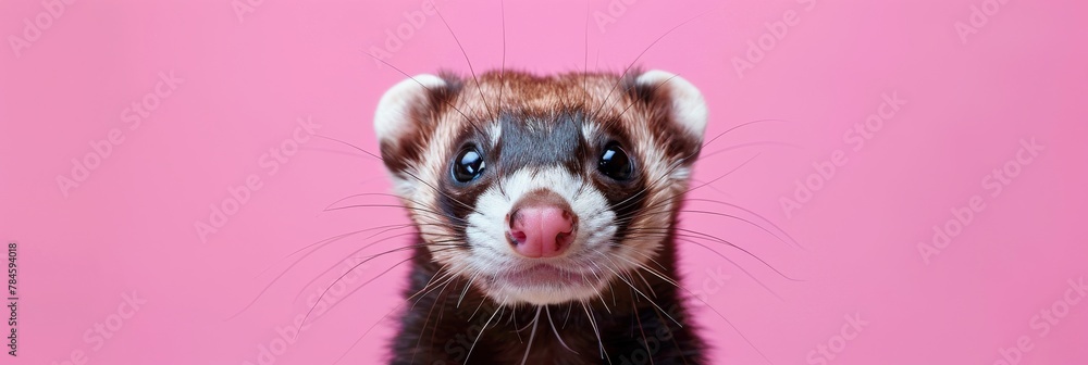 A mischievous ferret, whiskers twitching, set against the playful pop of a bubblegum pink backdrop A mischievous ferret, whiskers twitching, set against the playful pop of a bubblegum pink backdrop