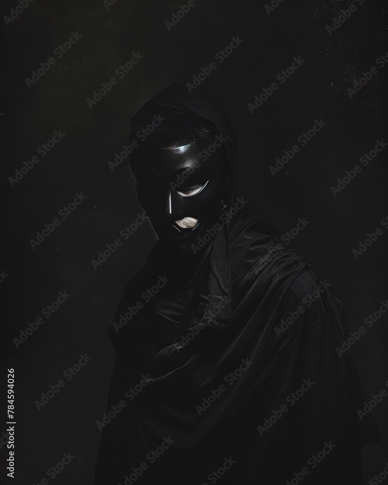 A mysterious man in a mask standing in shadows, dark tones with subtle light highlighting facial features A mysterious man in a mask standing in shadows, dark tones with subtle light highlighting facial features
