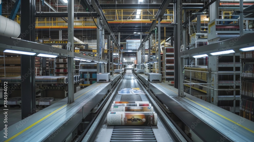 A robot-managed printing press, producing books and magazines with unprecedented speed and accuracy, in a state-of-the-art facility A robot-managed printing press, producing books and magazines with unprecedented speed and accuracy, in a state-of-the-art facility