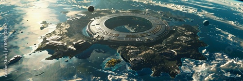 A luxury resort on an artificial island orbiting Earth  with space yachting and asteroid mining tours for guests