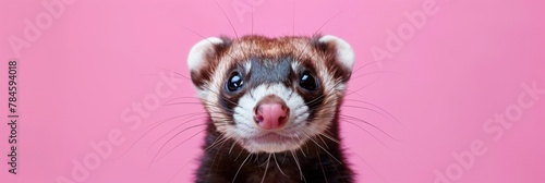 A mischievous ferret, whiskers twitching, set against the playful pop of a bubblegum pink backdrop photo