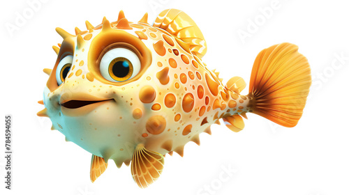 a Pufferfish puffing up, complete with a cute,The scene is set against a pure white background, emphasizing the character dynamic pose and the delightful expression of determination on its face,chibi