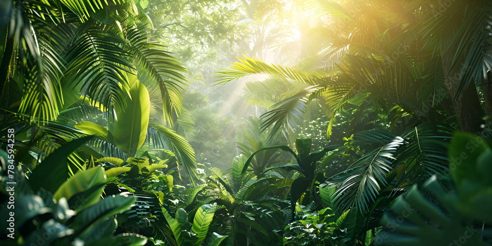 Tropical rain forest landscape with sun rays emerging though the green tree branches