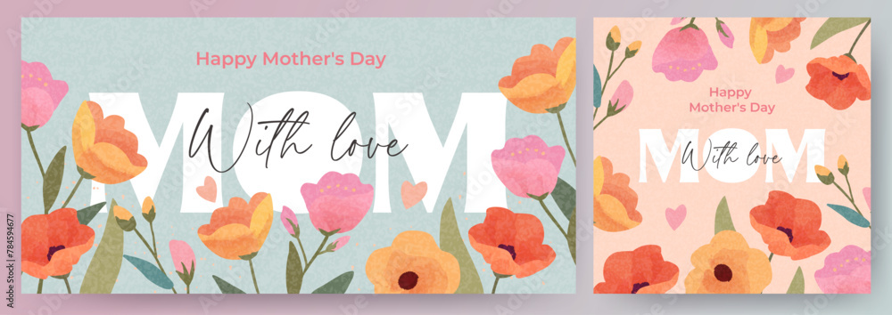 Naklejka premium Trendy Mother's Day card, banner, poster, flyer, label or cover with flowers frame, abstract floral pattern in mid century art style. Spring summer bright abstract floral design template for ads promo