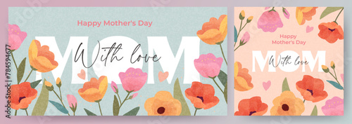 Trendy Mother's Day card, banner, poster, flyer, label or cover with flowers frame, abstract floral pattern in mid century art style. Spring summer bright abstract floral design template for ads promo