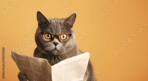 A cat with glasses reads a news paper	
