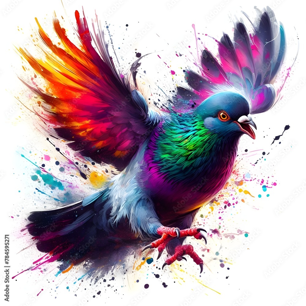 Obraz premium A colorful wild Pigeon in full roar charging directly towards