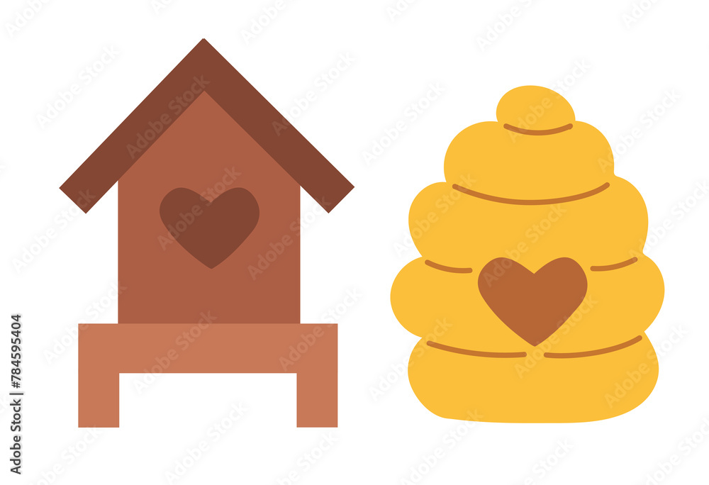 Honey flat Set elements, beekeeping industry. Bee house, Hive. Organic Eco farm. Clip art flat vector. Honey flat Set elements, beekeeping industry. Bee house, Hive. Organic Eco farm. Clip art flat vector.