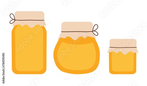 Honey jars Set. Beekeeping Harvest product. Vector flat illustration.
