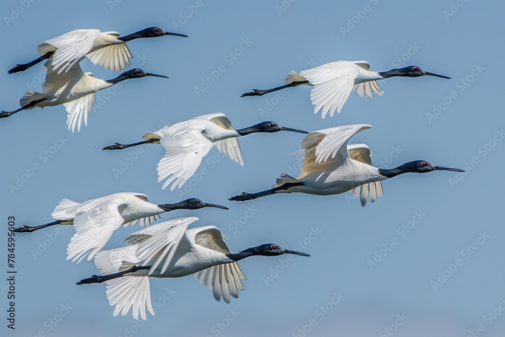 Obraz premium A group of birds flying in formation against a clear blue sky