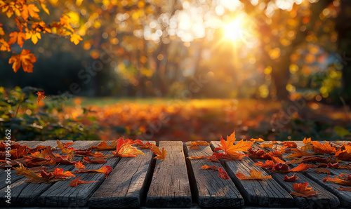 A wooden table underneath, The top and sides are maple autumn leaves, The background is fall grass