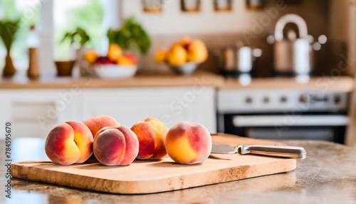 A selection of fresh fruit: peaches, sitting on a chopping board against blurred kitchen background; copy space 