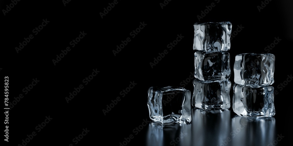 Three stacks of transparent ice cubes on black background with reflection and copy space Three stacks of transparent ice cubes on black background with reflection and copy space