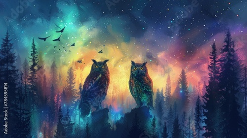 Owls Dining Under the Ethereal Aurora Borealis in the Enchanted Forest Beneath a Starry Night Sky