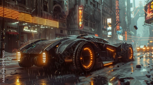 Futuristic Car with Automotive tires glides through wet city streets