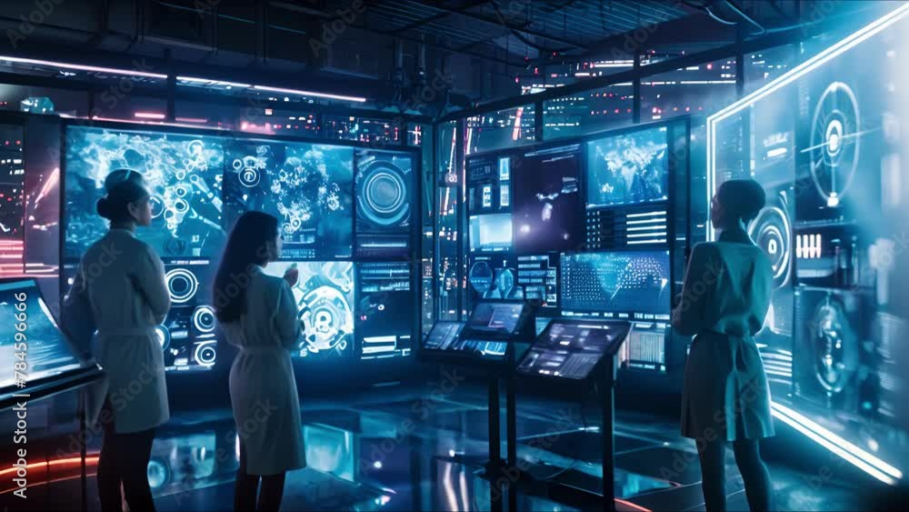 Data scientists work in a modern laboratory of a technology company on the development of a quantum computer. The concept of science, technology, machine learning, big data. Data scientists work in a modern laboratory of a technology company on the development of a quantum computer. The concept of science, technology, machine learning, big data.