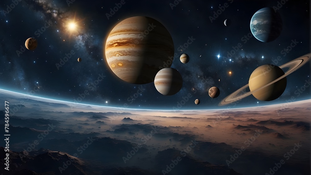 A view of the universe with planets, stars, and galaxies in distant space demonstrates the wonders of space travel.
