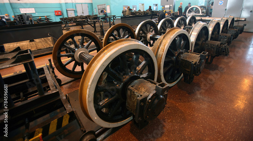 Railway maintenance workshop with locomotive and train wheels
