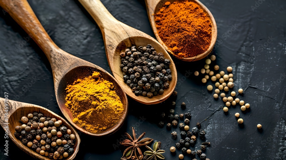 Assortment of Exotic Spices in Wooden Spoons on Dark Background, Culinary Ingredients Close-up Shot, Cooking and Flavor Concept. AI
