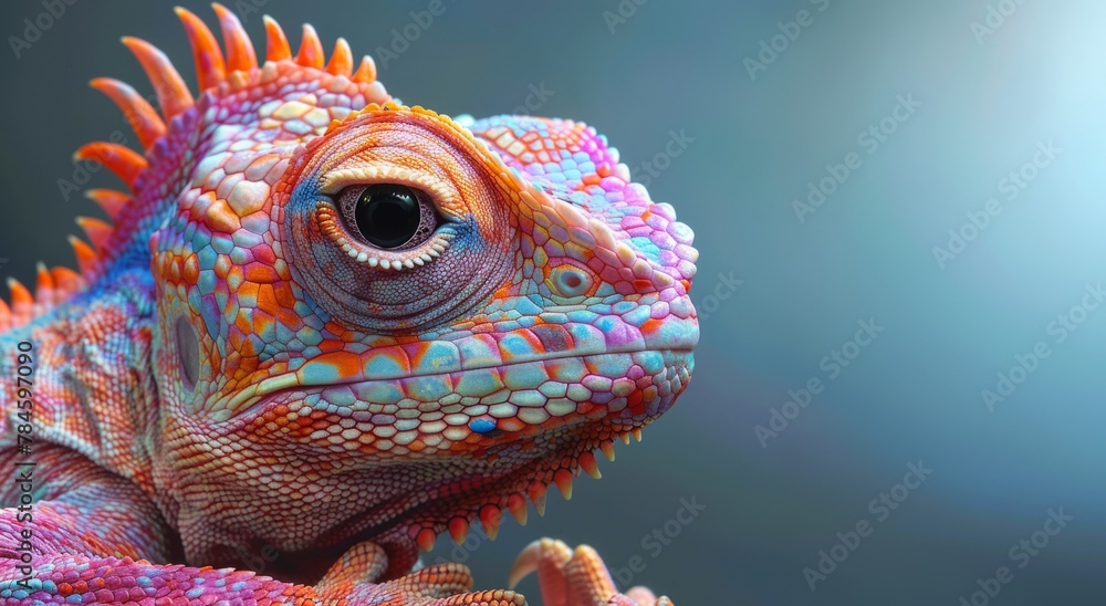 Obraz premium This stunning close-up image captures the vivid colors and intricate textures of an iguana. The detailed scales and piercing eye reflect a moment in nature's beauty.