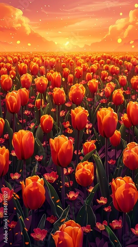 Capture the mesmerizing beauty of a vibrant tulip field from an aerial perspective  against a backdrop of a clear  azure sky with fluffy clouds Traditional Art Medium