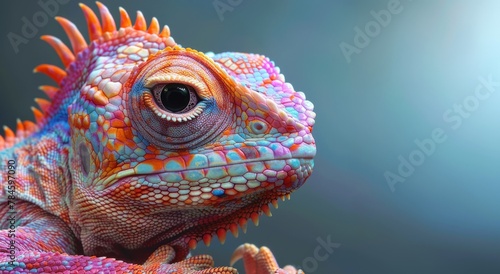 This stunning close-up image captures the vivid colors and intricate textures of an iguana. The detailed scales and piercing eye reflect a moment in nature s beauty.