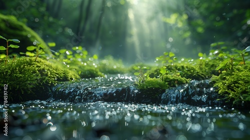 A stream flows through a mossy forest with sunlight filtering through the trees