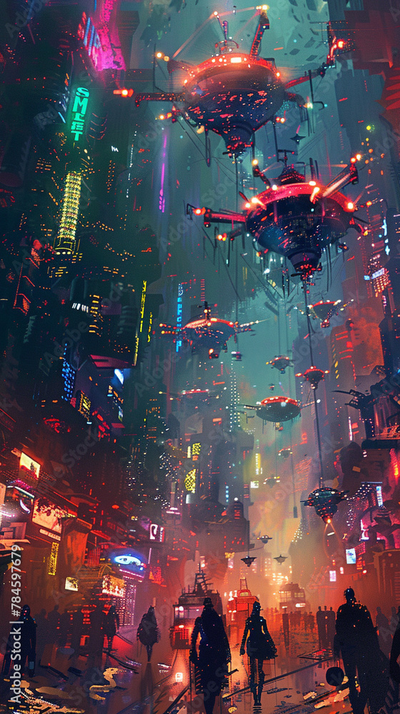 A dark and rainy street in a cyberpunk city with flying cars and people walking in the rain.