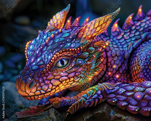 A colorful and detailed painting of a dragon with iridescent scales.