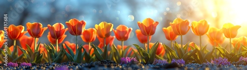 Craft a stunning digital illustration showcasing a birds eye view of rows of colorful tulips blooming harmoniously under a picturesque sky Digital Rendering Techniques #784597684