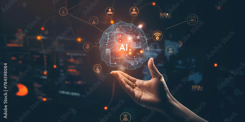 Hand presenting glowing AI technology digital icons, illustrating advanced technology and artificial intelligence text concepts. Hand presenting glowing AI technology digital icons, illustrating advanced technology and artificial intelligence text concepts.