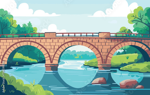 Stone and Wooden Bridge as Structure for Spanning Physical Obstacle Vector Set, A sturdy bridge made up of solid bricks connecting two land masses over a freshwater river.