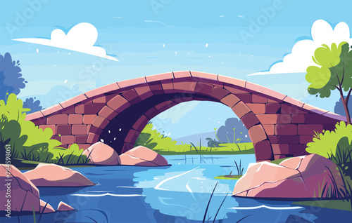 Stone and Wooden Bridge as Structure for Spanning Physical Obstacle Vector Set, A sturdy bridge made up of solid bricks connecting two land masses over a freshwater river.
