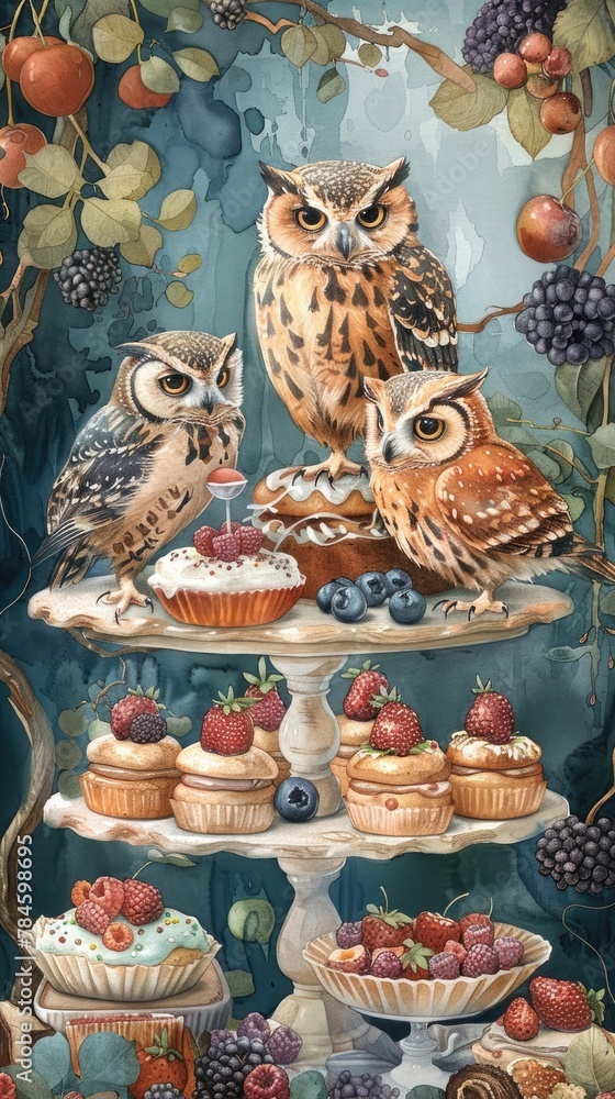 Whimsical Owl Indulgence at a Gourmet Bakery Buffet A Captivating Watercolor of Magical Birds Enjoying Delectable Sweets