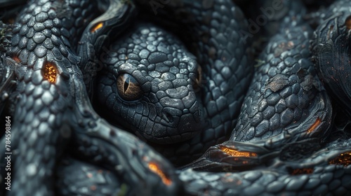 Sinister Black Serpent. Coiled Amongst Twisted Roots, Eyes Gleaming with Ancient Malice photo