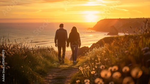 A couple wandering hand in hand along a scenic coastal path, the golden sunset creating a romantic backdrop to their local getaway.