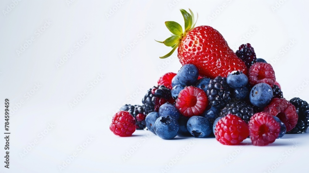 Fruit On White Background. Fresh Mixed Berries Pile - Blueberries, Raspberries, and Strawberries Fruit On White Background. Fresh Mixed Berries Pile - Blueberries, Raspberries, and Strawberries