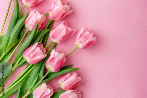 Flowers Pink Background. Beautiful Pink Tulip Bouquet on Pastel Background for Valentine's Day, Easter, Birthday © AIGen