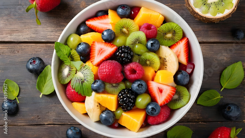 bowl of healthy fresh fruit salad top view