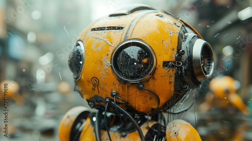 Close up of a yellow arthropod robot wearing headphones in the city