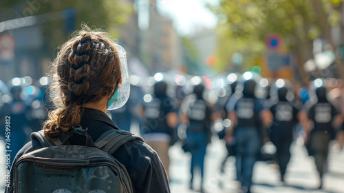 Back view protester amid street protests, police in background, civil unrest scene photo