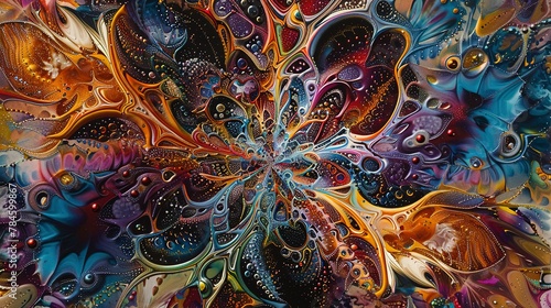 Abstract oil, kaleidoscopic patterns, bright hues, direct sunlight, macro, intricate design. 